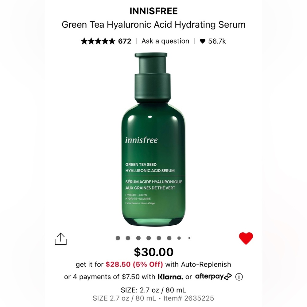 Innisfree Green Tea Hyaluronic Acid Hydrating Serum